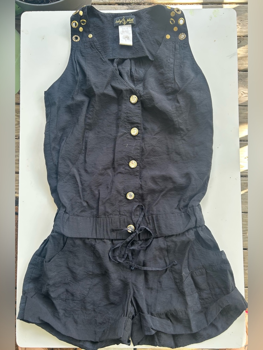 Vintage Y2K Baby Phat Black Utility Romper ✨ Gold Rhinestone Studded Size S